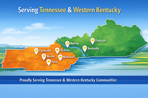 Map of Tennessee and Western Kentucky with service locations and “Serving Tennessee & Western Kentucky” text