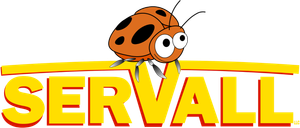 The Servall logo features a cute orange ladybug with black spots sitting atop the bold, yellow text "SERVALL."