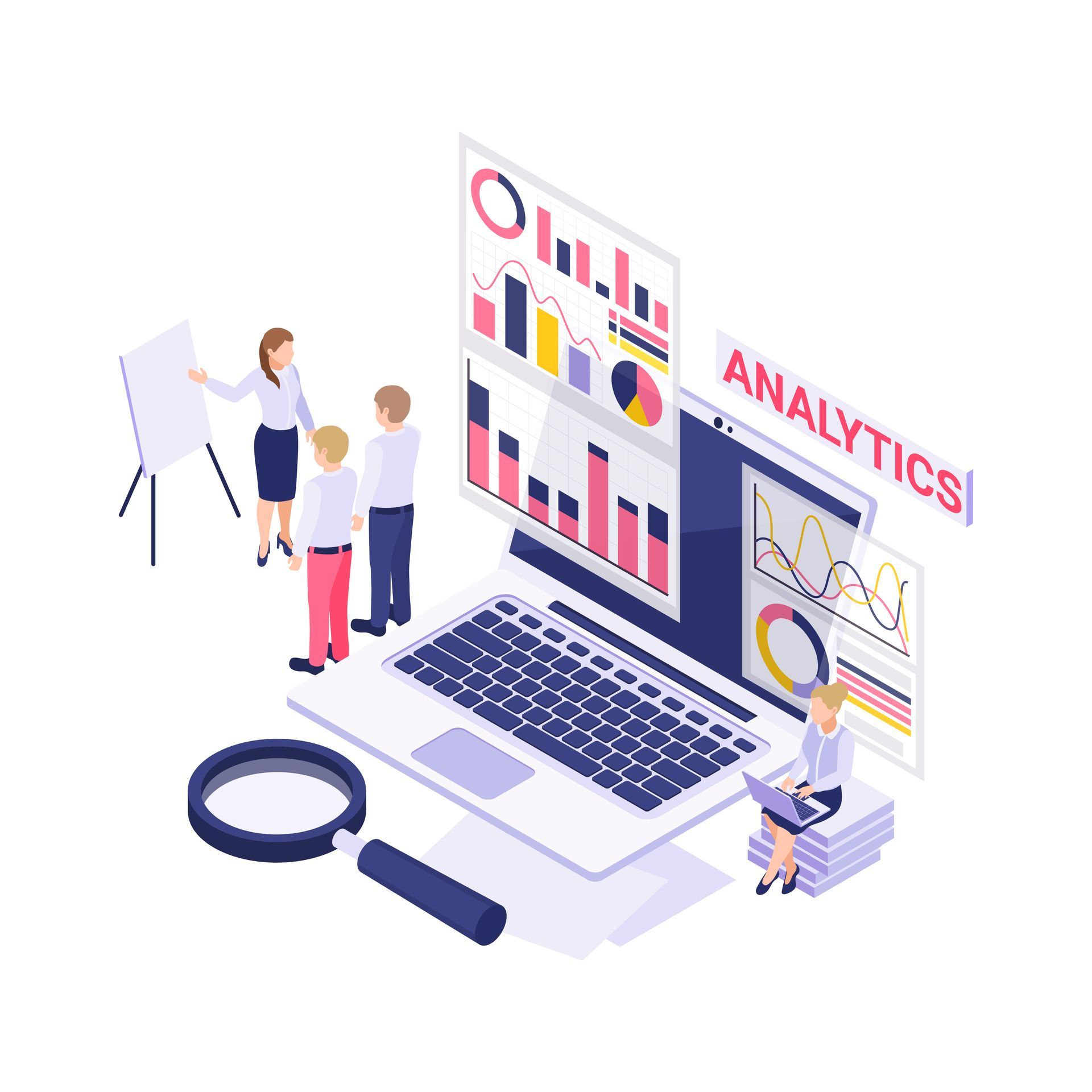 An isometric illustration of a group of people standing around a laptop computer.