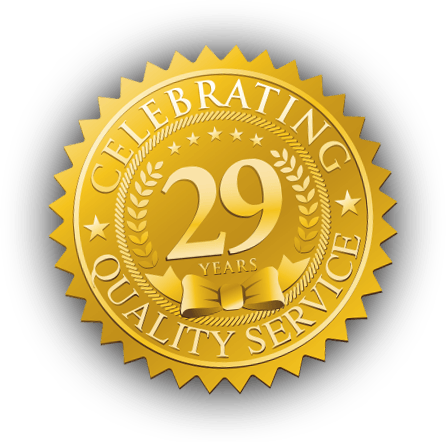 A gold seal that says celebrating 29 years quality service