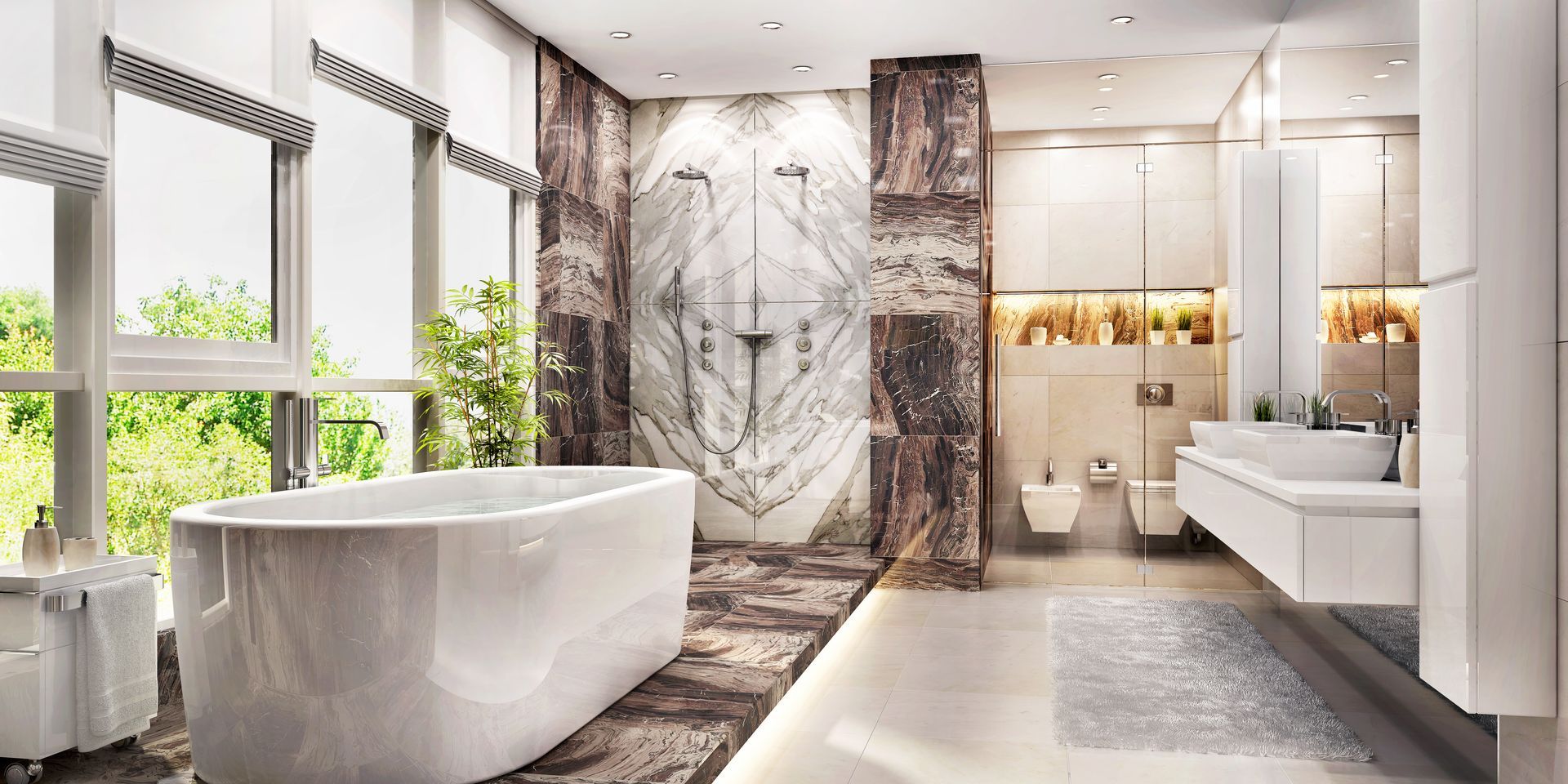 A bathroom with a bathtub , sinks , and a large window.