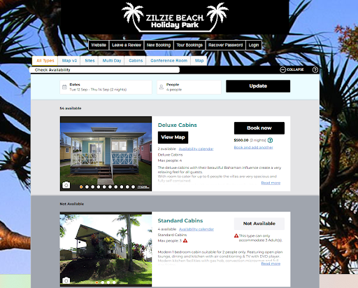 A screenshot of a website for zilzie beach holiday park