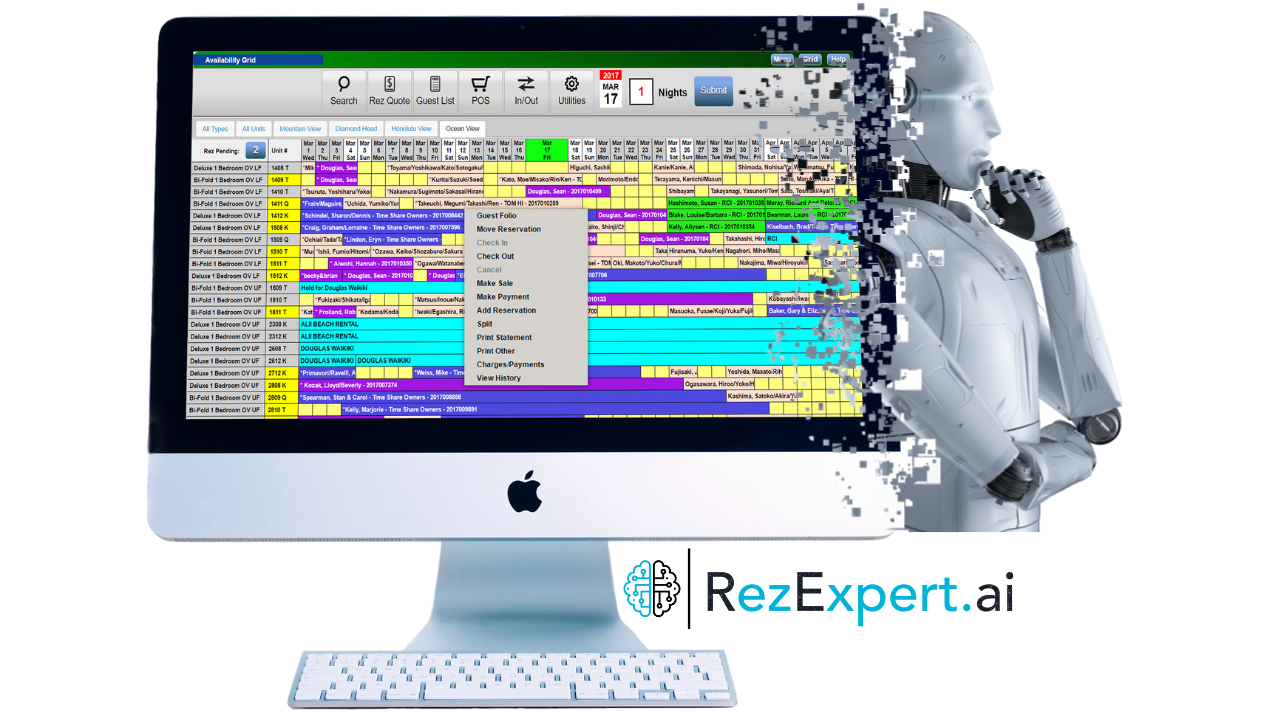 A computer monitor with a robot behind it that says rezexpert.ai