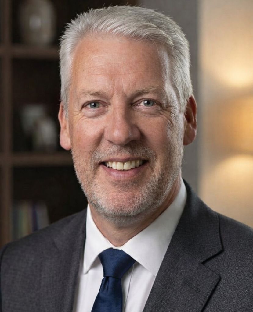 Professional headshot of a smiling man in a gray suit and blue tie against a blurred office background