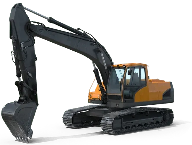 An excavator with a large bucket on a white background.