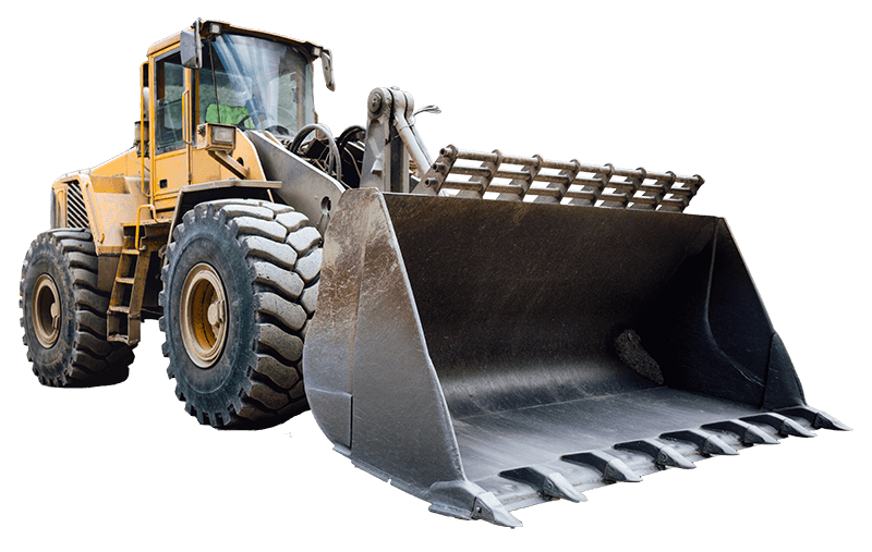 A bulldozer with a large bucket on a white background.
