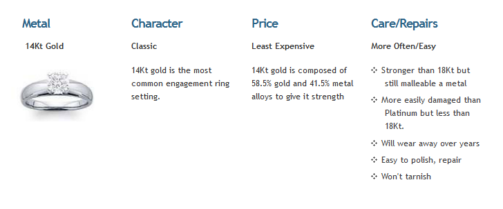 Jewelry care chart comparing metal, character, price, and care/repairs for a silver ring.