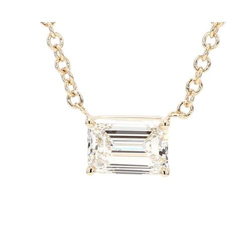 Gold necklace with a clear rectangular gemstone pendant on a white background