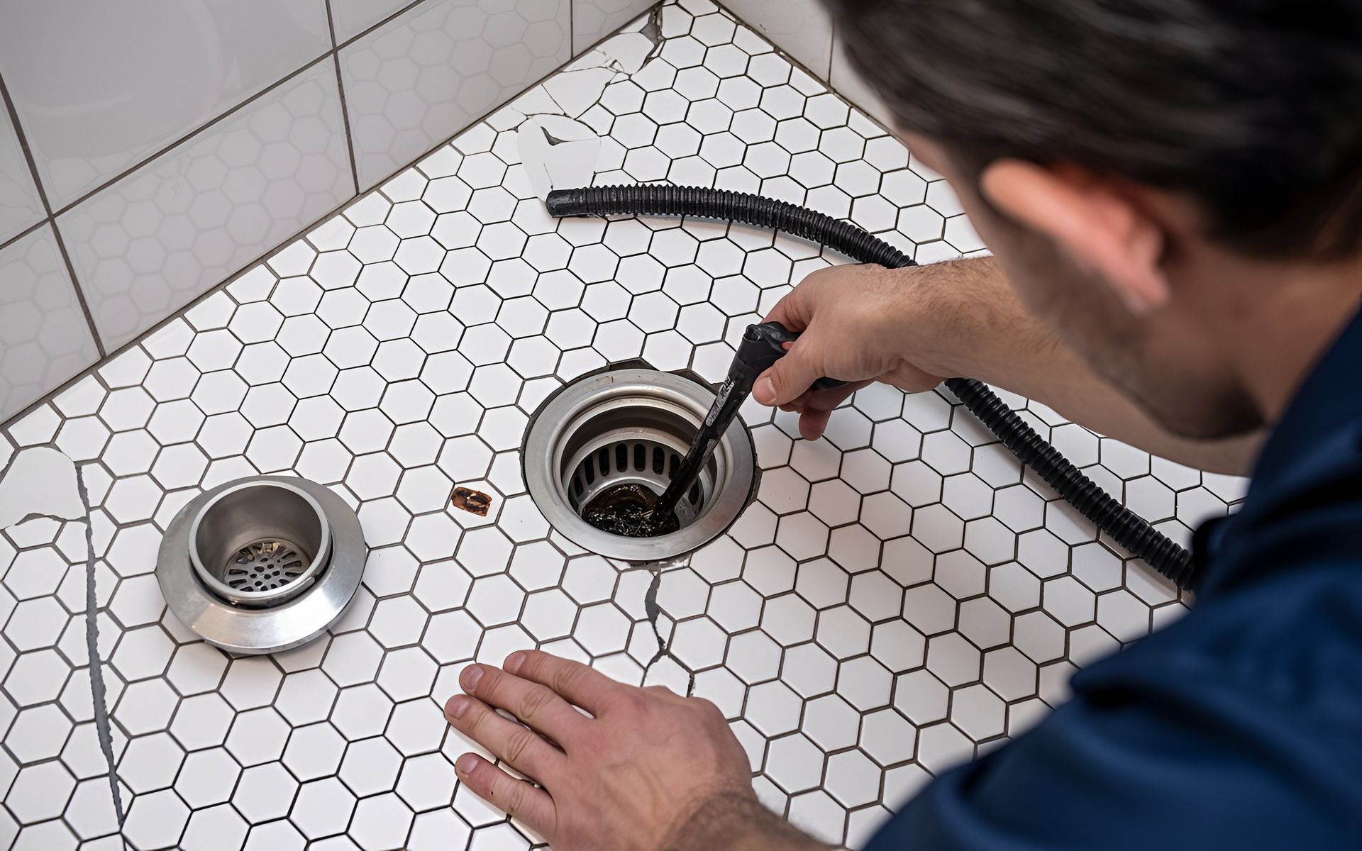 Professional technician clearing a clogged bathroom line during a sewer & drain repair service.