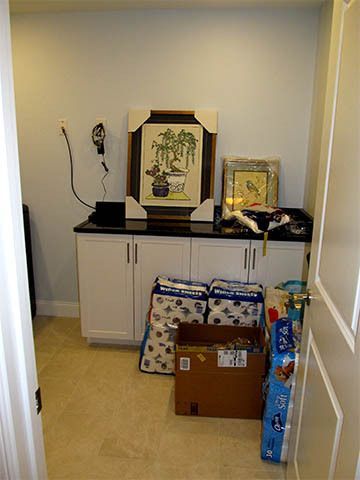 Storage area with cabinets, framed art, bags, and a cardboard box in a small room