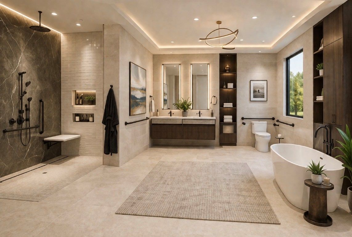 Luxurious beige bathroom with a freestanding tub, walk-in shower, double vanity, and large mirror on the back wall