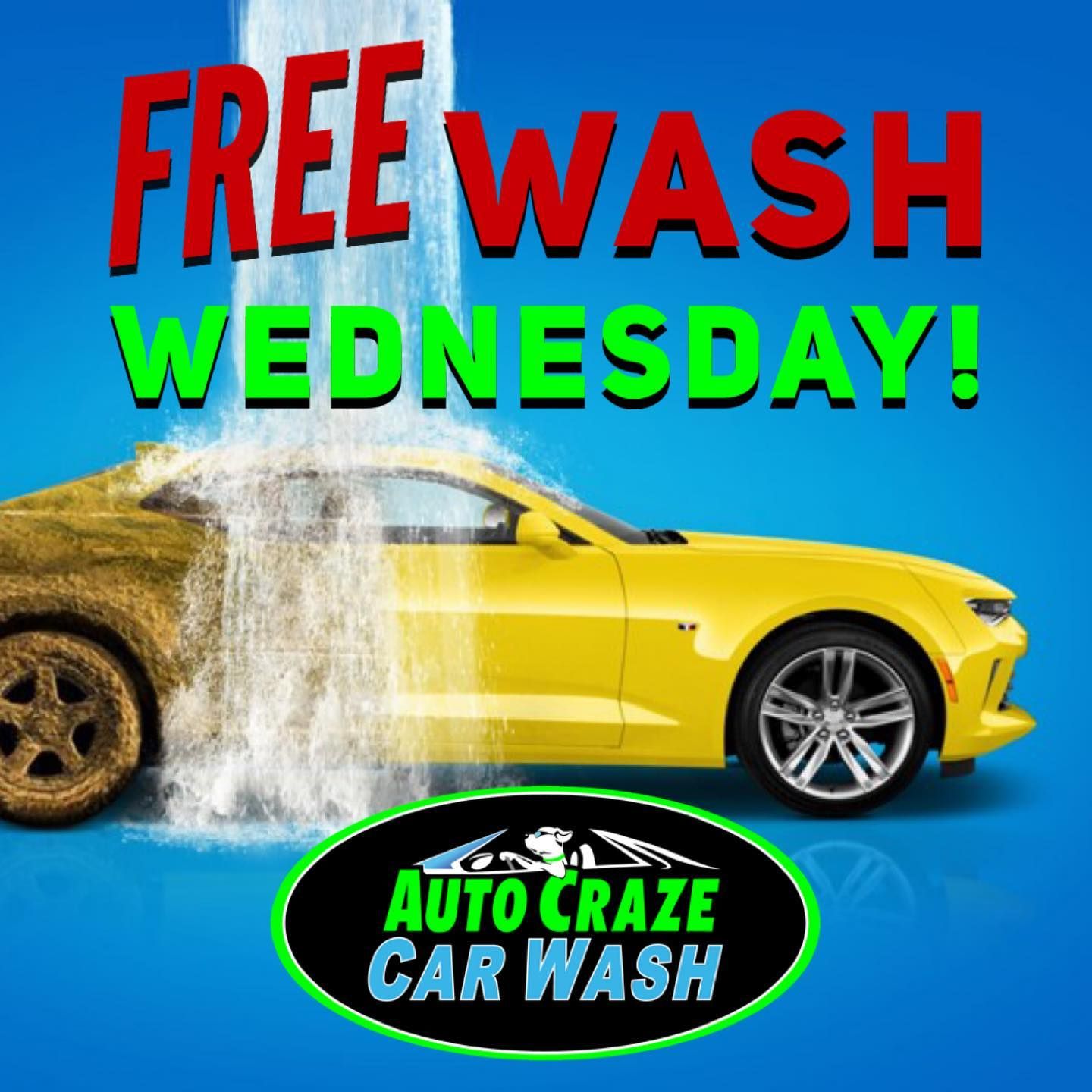 Advertisement for Auto Craze Car Wash: Yellow car being washed;