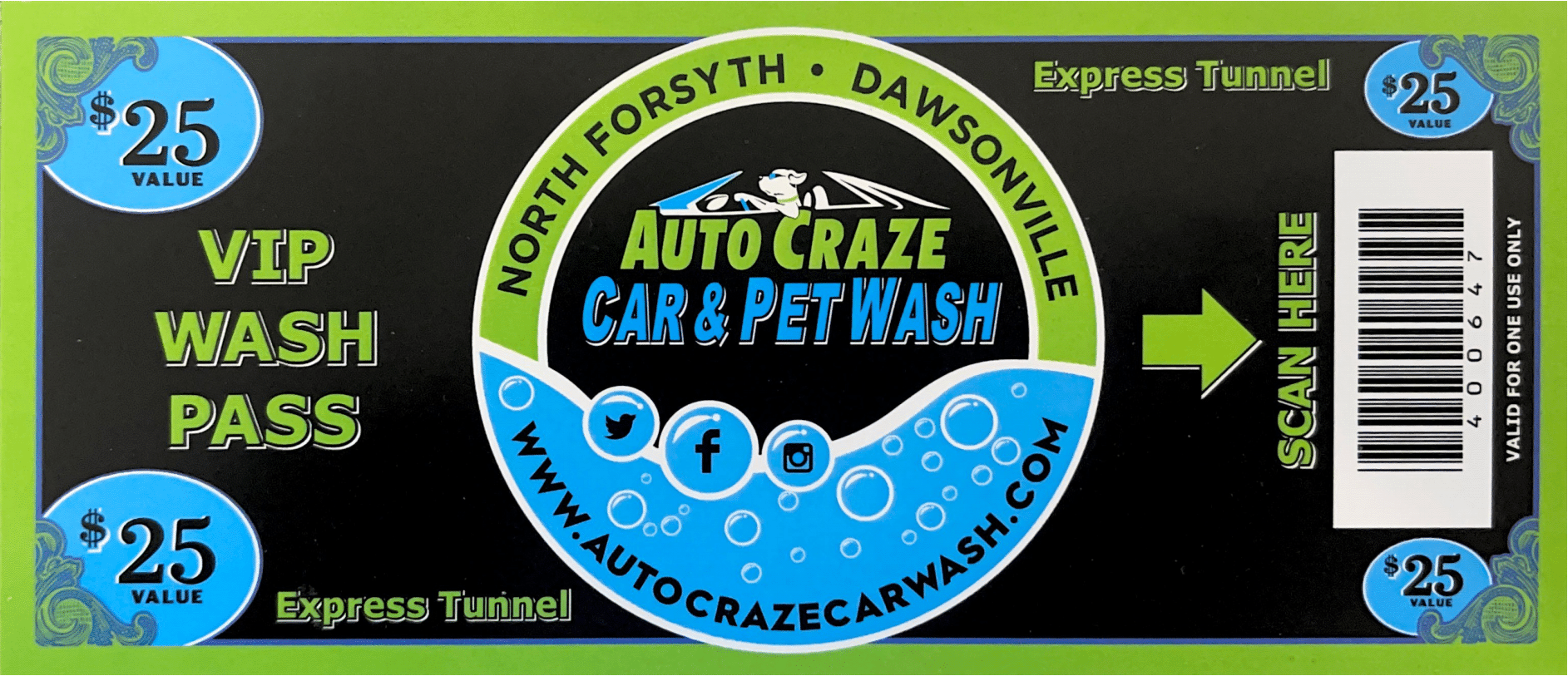 Car wash pass with Auto Craze logo, $25 value, 