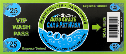 Car wash pass with Auto Craze logo, $25 value, 