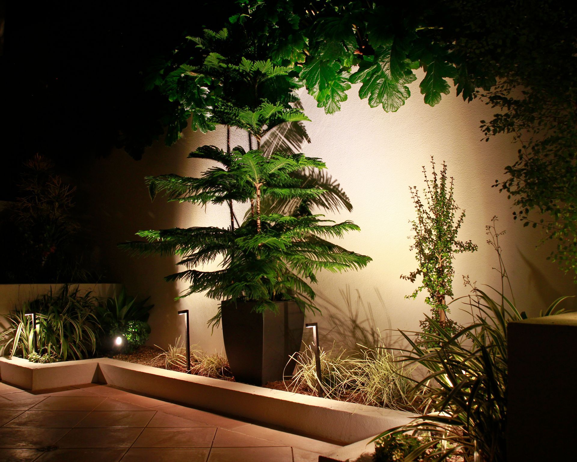 Lit garden with potted tropical plants, warm wall lighting, and wooden steps at night