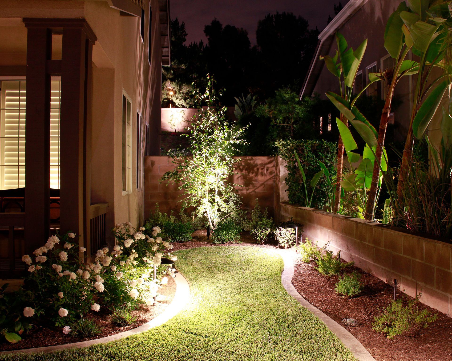Nighttime garden path beside a house, lit by landscape lights with tropical plants and flowers.