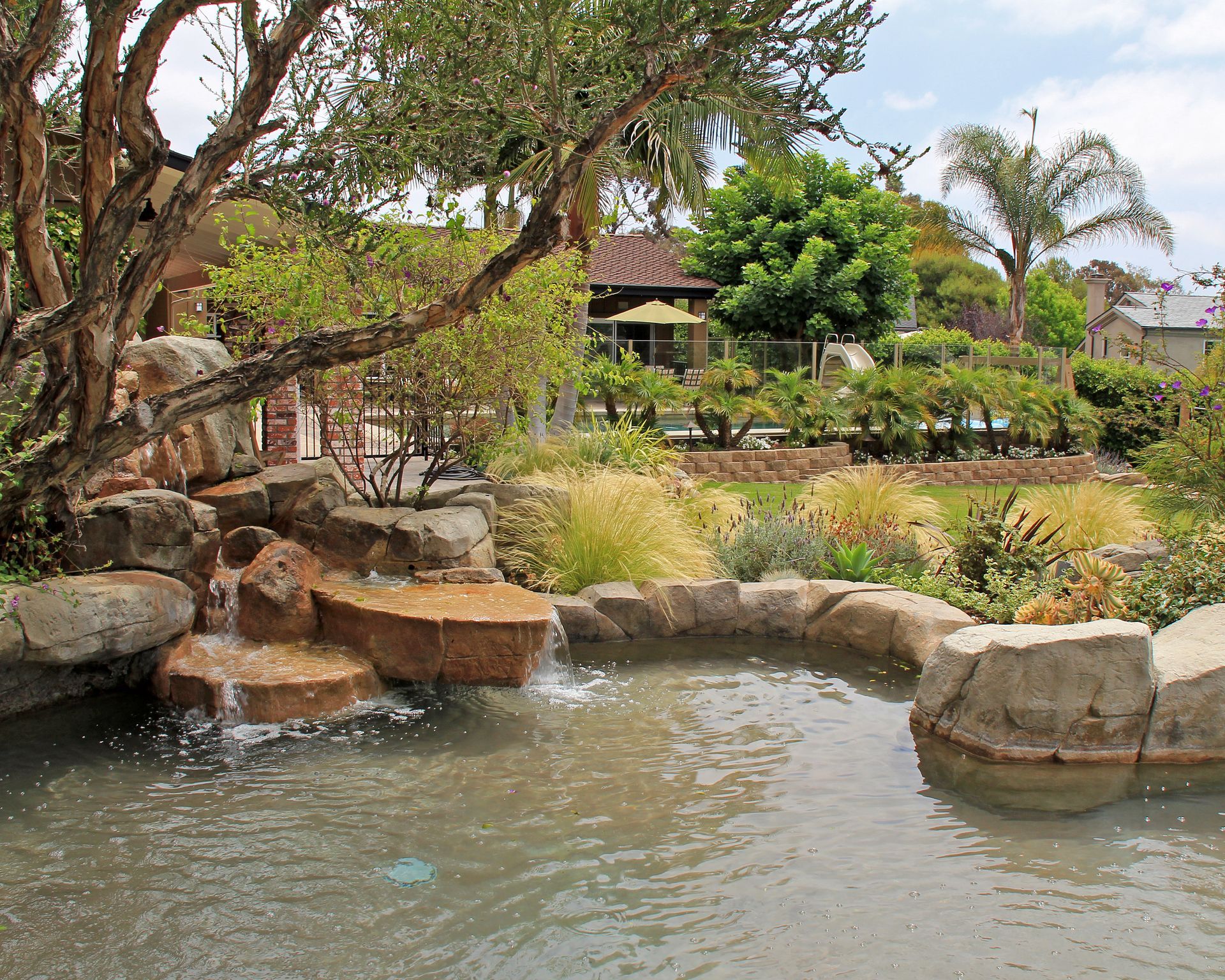Rocky garden pond with still water, trees, and lush tropical landscaping.