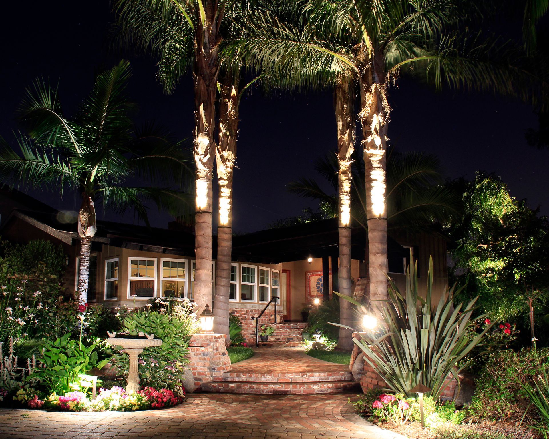 Night-lit house with tall palm trees and a landscaped garden path.