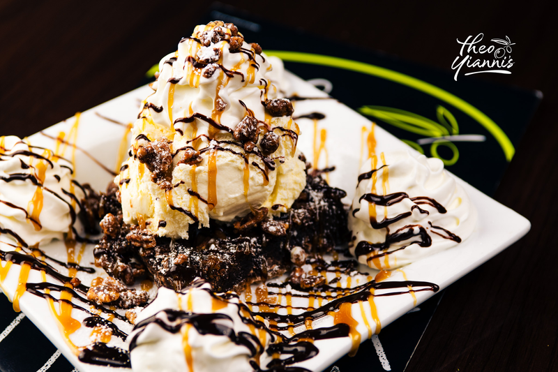 Theo's Bangin Brownie with ice cream and caramel