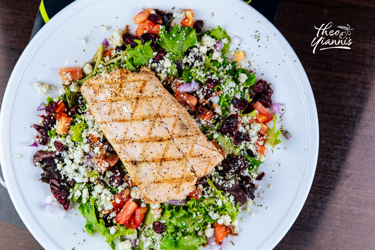 Theo's salmon salad with grilled salmon, blue cheese and dried cranberries