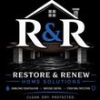 R&R Restore & Renew Home Solutions logo with black house roof, white text, blue ampersand, and service icons