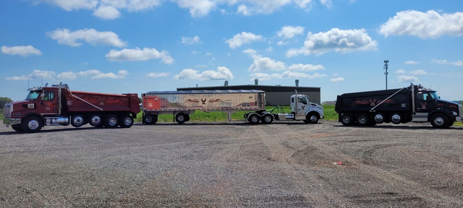 Three dump trucks are parked next to each other in a gravel lot.