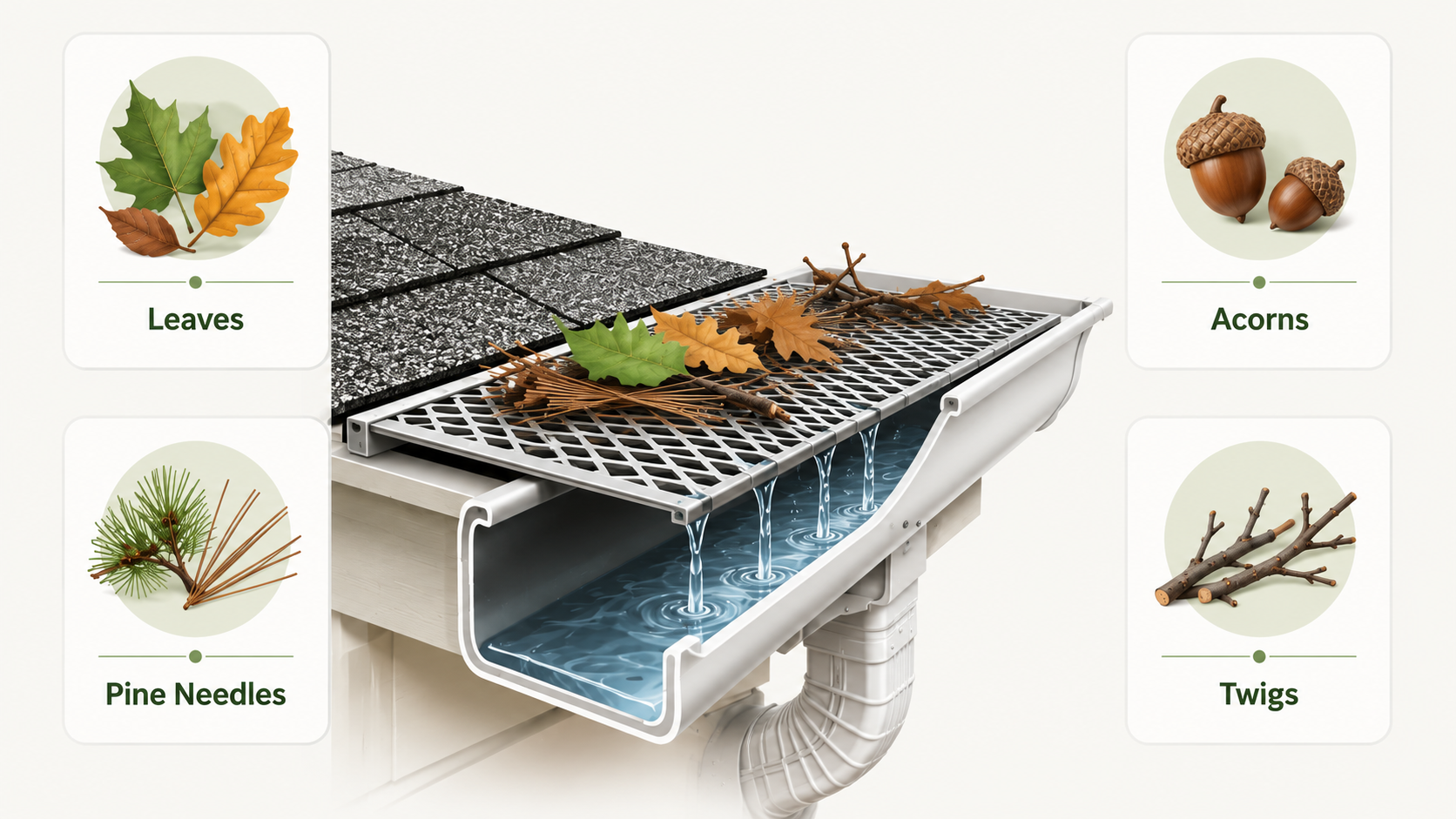 Gutter guards blocking leaves pine needles seed pods and twigs in Hartford County CT