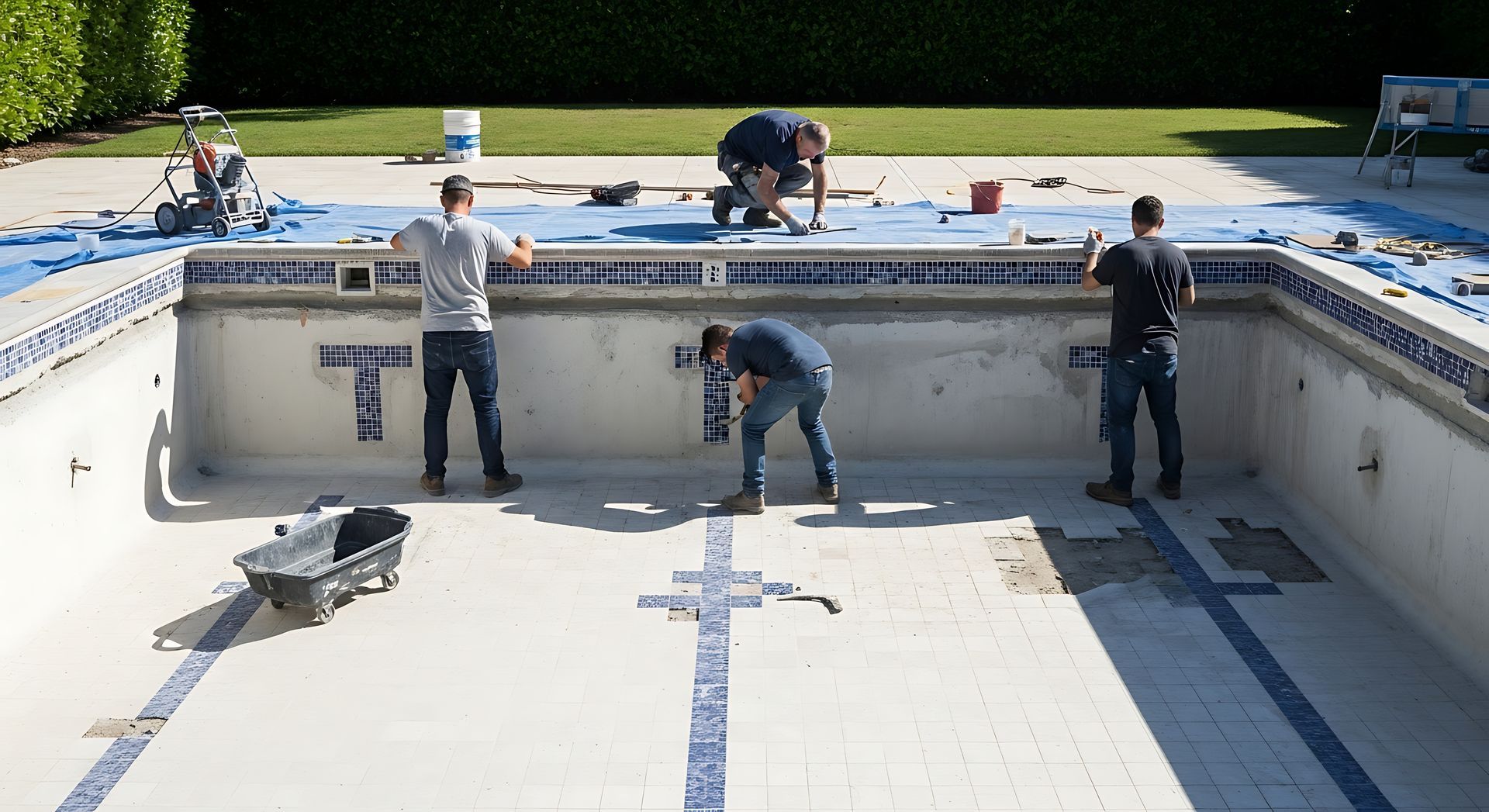 Swimming pool renovation project underway with workers installing blue tile mosaics. Swimming pool renovation project underway with workers installing blue tile mosaics.