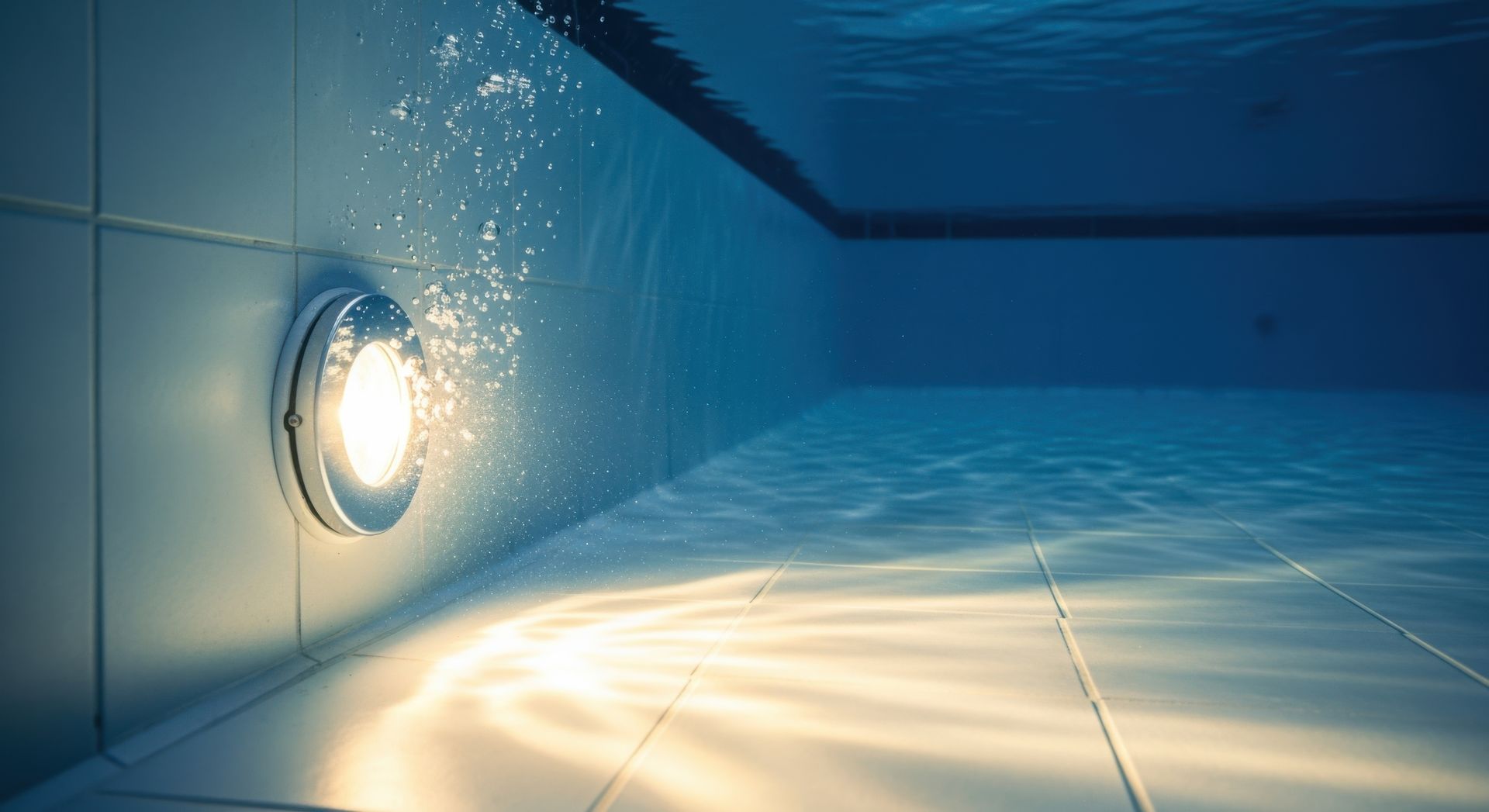 Underwater pool light glowing against blue tiles, a key feature of swimming pool renovations. Underwater pool light glowing against blue tiles, a key feature of swimming pool renovations.