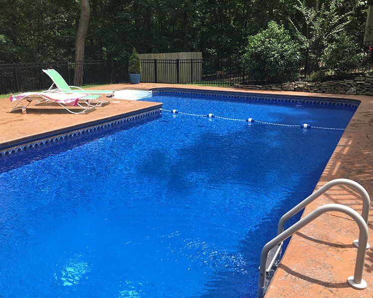 Blue rectangular swimming pool with tan concrete deck and ladder, surrounded by trees.