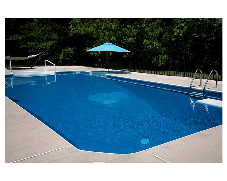 Blue swimming pool with turquoise umbrella, concrete deck, and green trees in the background.
