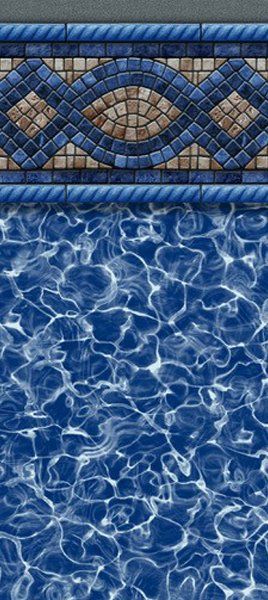 Pool water with decorative border of mosaic tiles and rope design.