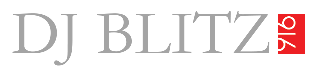 A white and red logo for dj blitz on a white background.