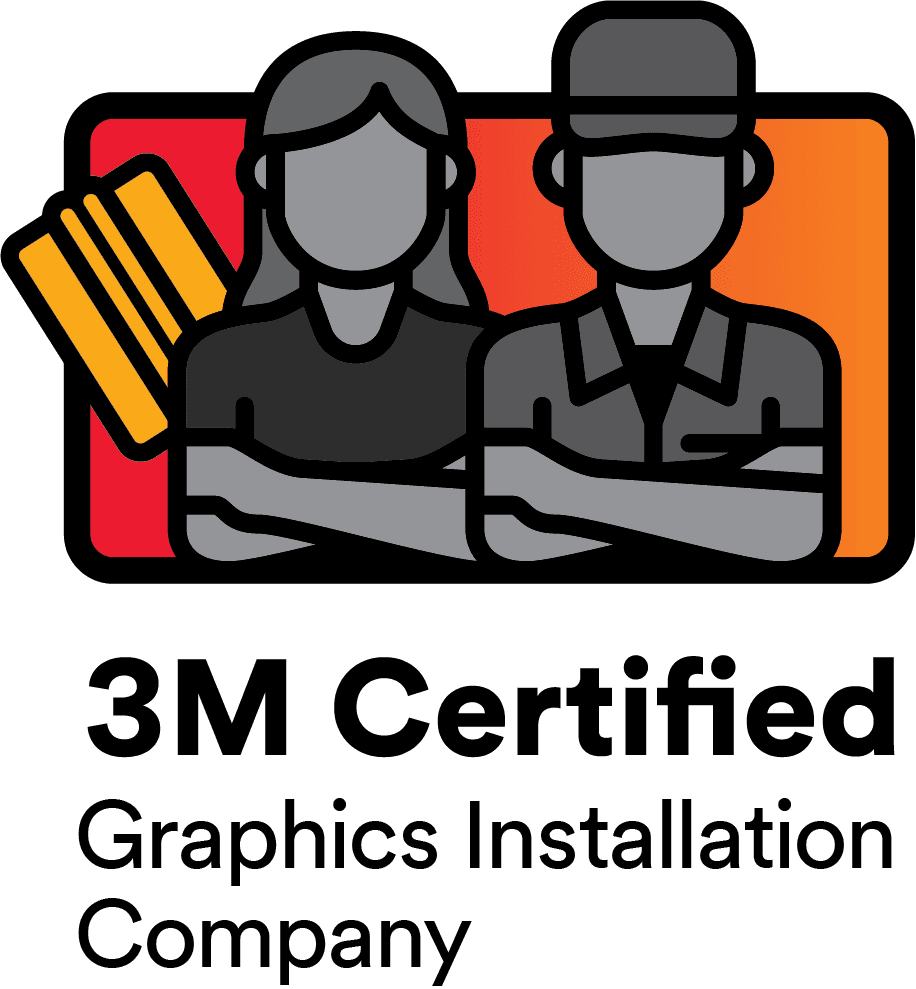 A 3M Certified Graphics Installation Company logo featuring two figures and a squeegee inside an orange and red rectangle.