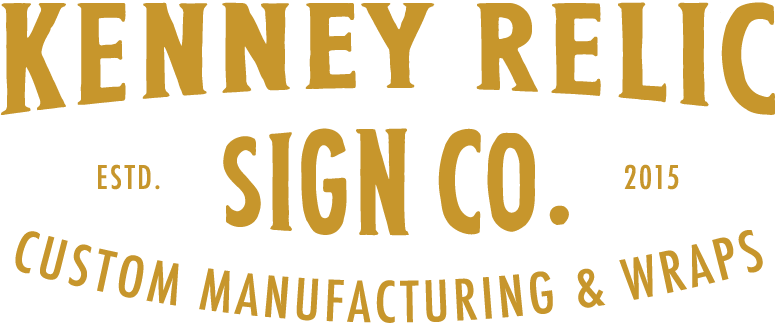 Logo for Kenney Relic Sign Co., features gold text on white: