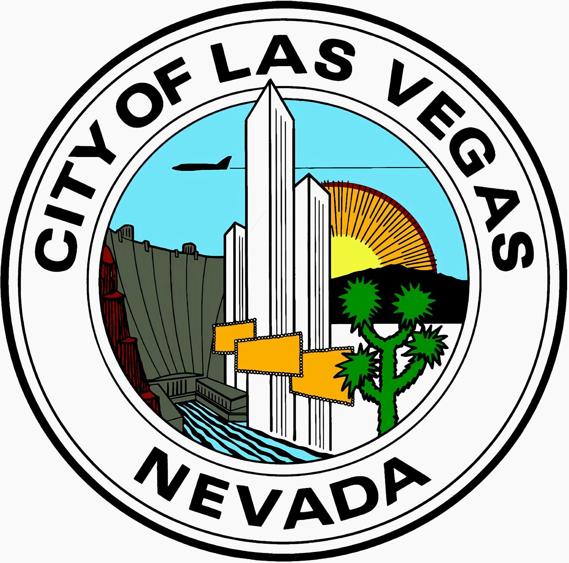 City of Las Vegas seal: Skyscrapers, desert landscape, sun, plane, and text 