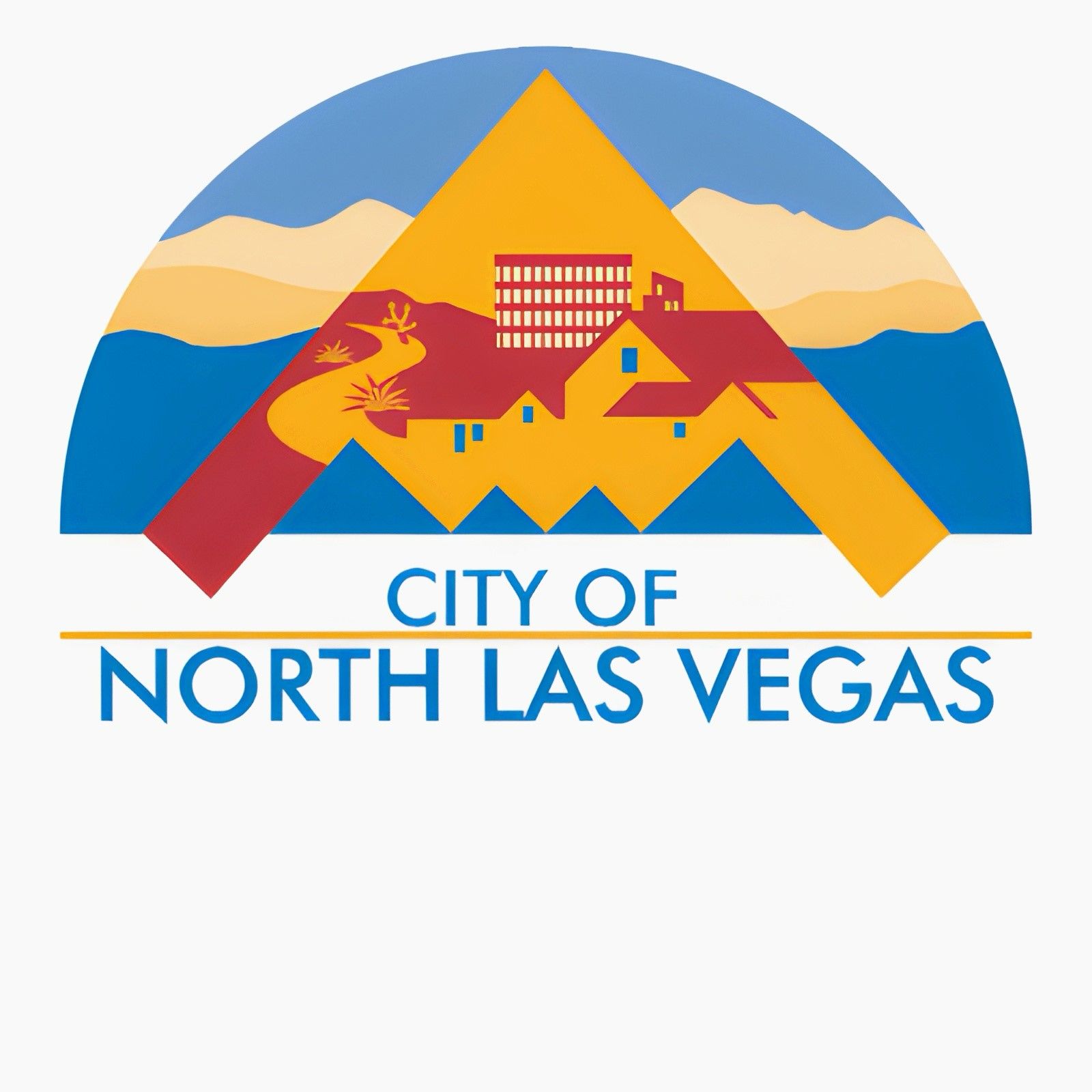 City of North Las Vegas logo: blue and yellow mountain with buildings, red and yellow sun, blue sky.