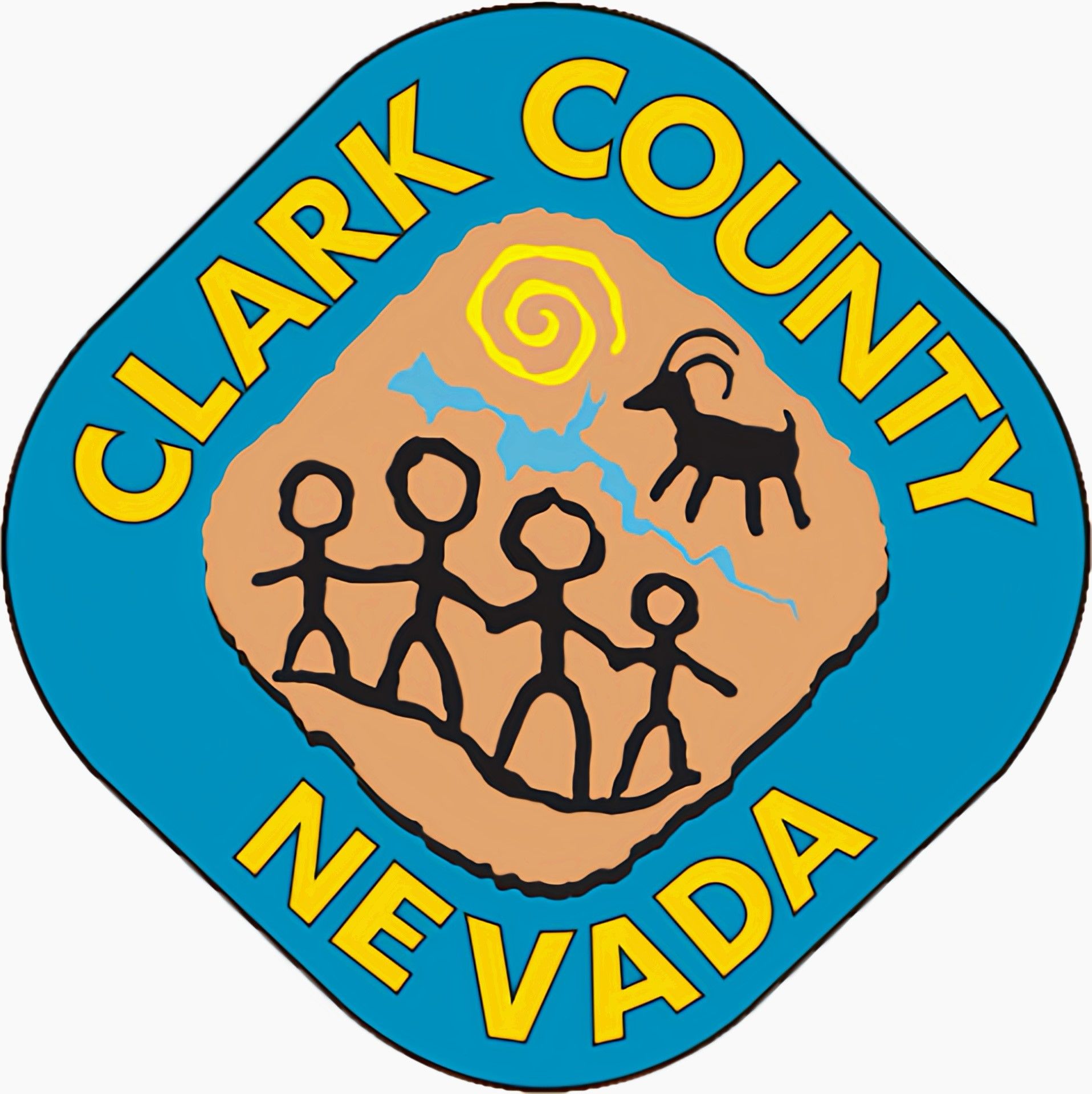 Clark County Nevada logo: a family, bighorn sheep, and spiral above blue lines, all within a tan shape.