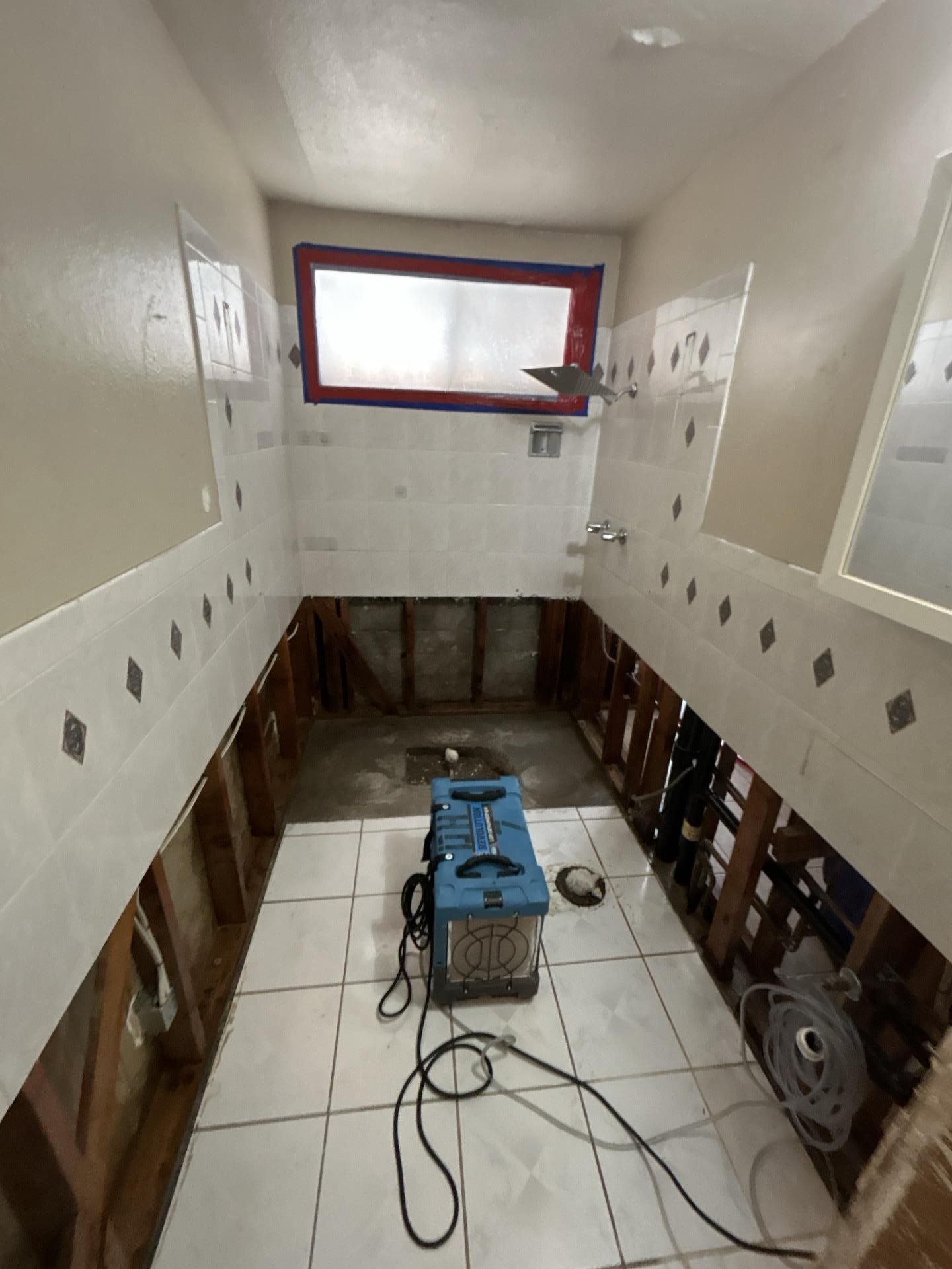 Bathroom under renovation with exposed studs, white tile, and a blue machine on the floor.