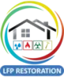 LFP Restoration logo with house icon, rainbow arc, and service symbols on white background