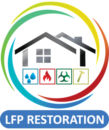 Logo of a house within a colorful arc, depicting restoration services: water, fire, biohazard, and tools.