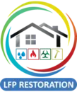 LFP Restoration logo with house icon, rainbow arc, and service symbols on white background