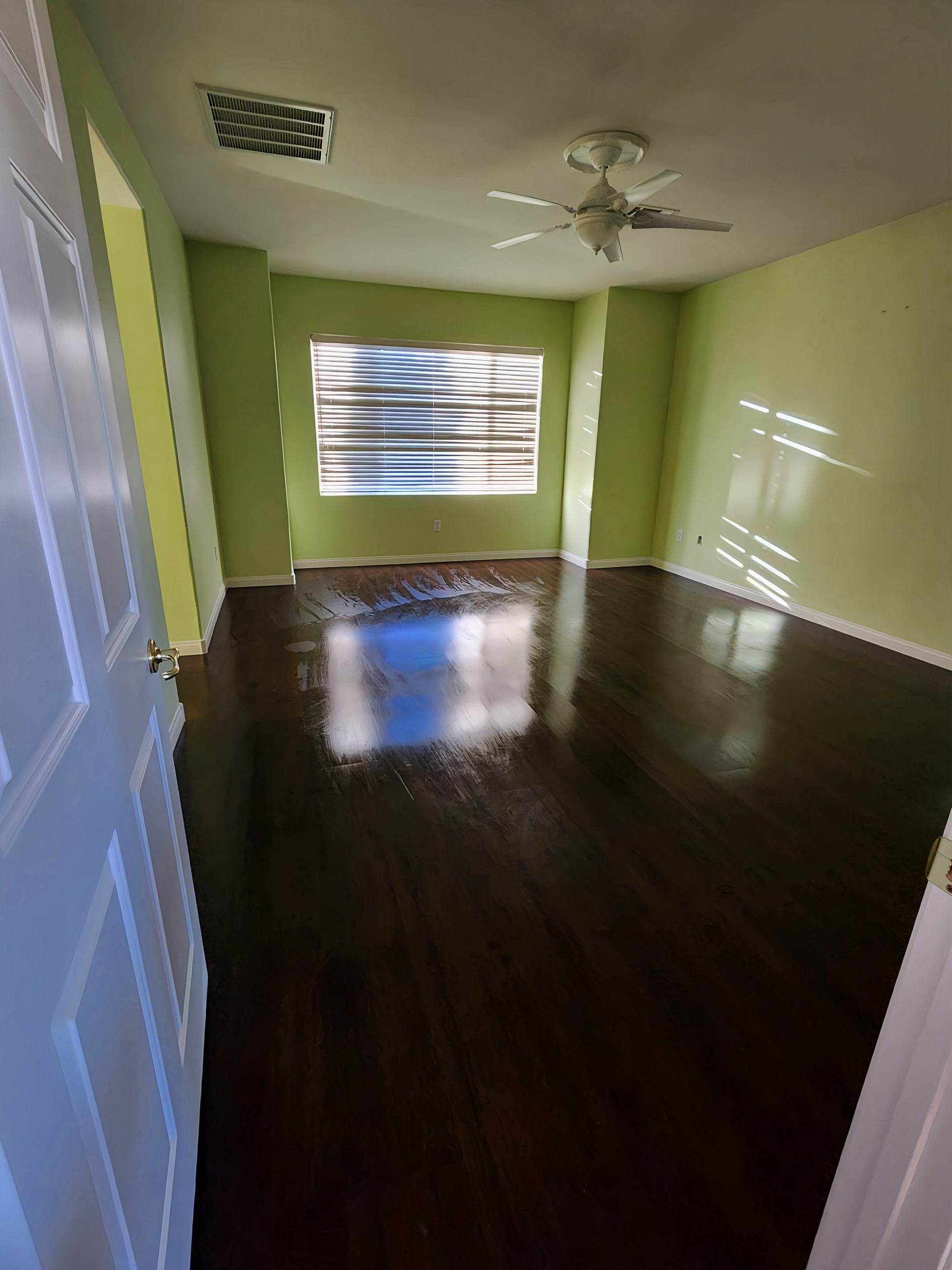 Empty room with dark wood floors, light green walls, a window, and a ceiling fan.
