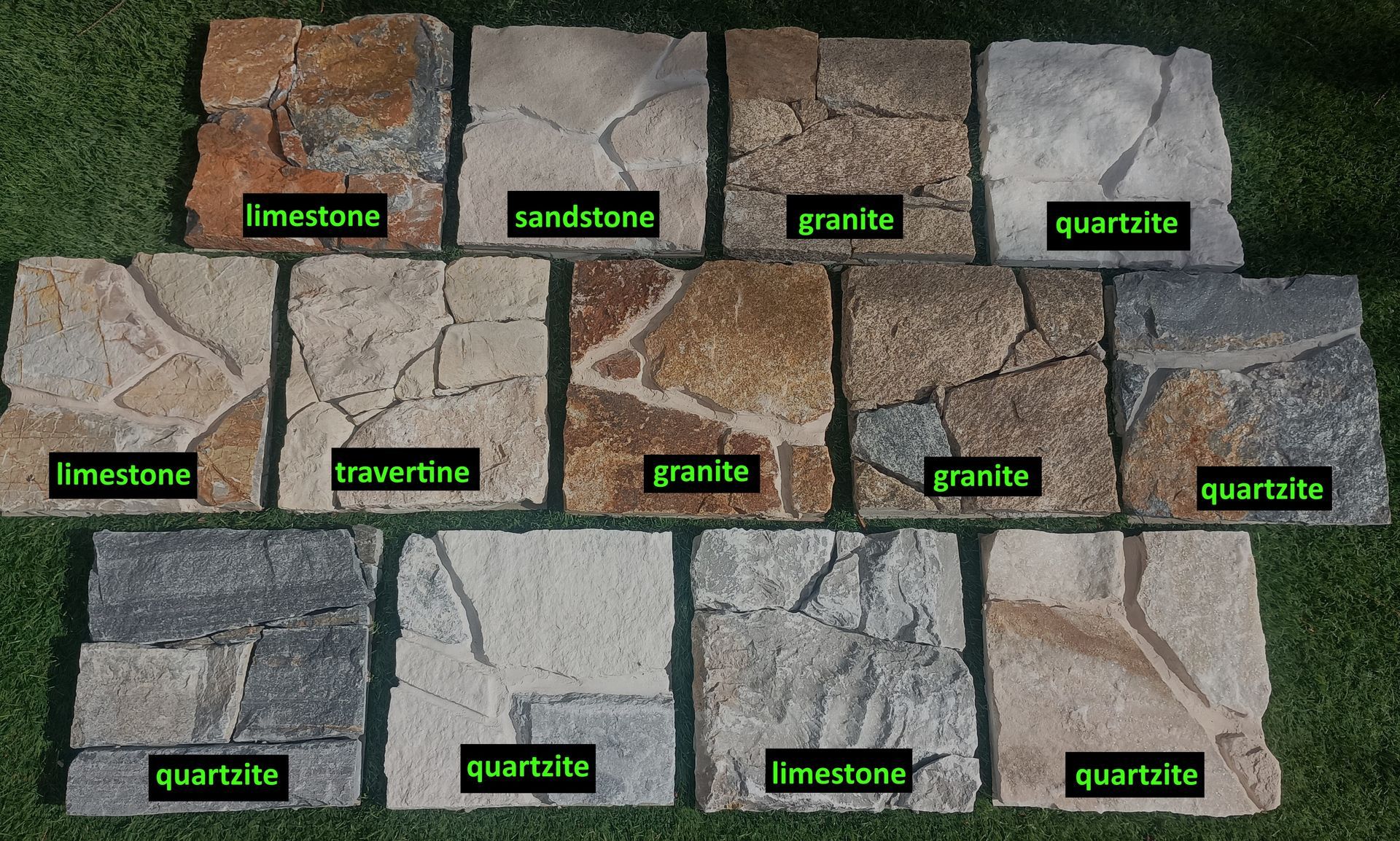 Stone samples labeled with green text, showing different stone types and styles.