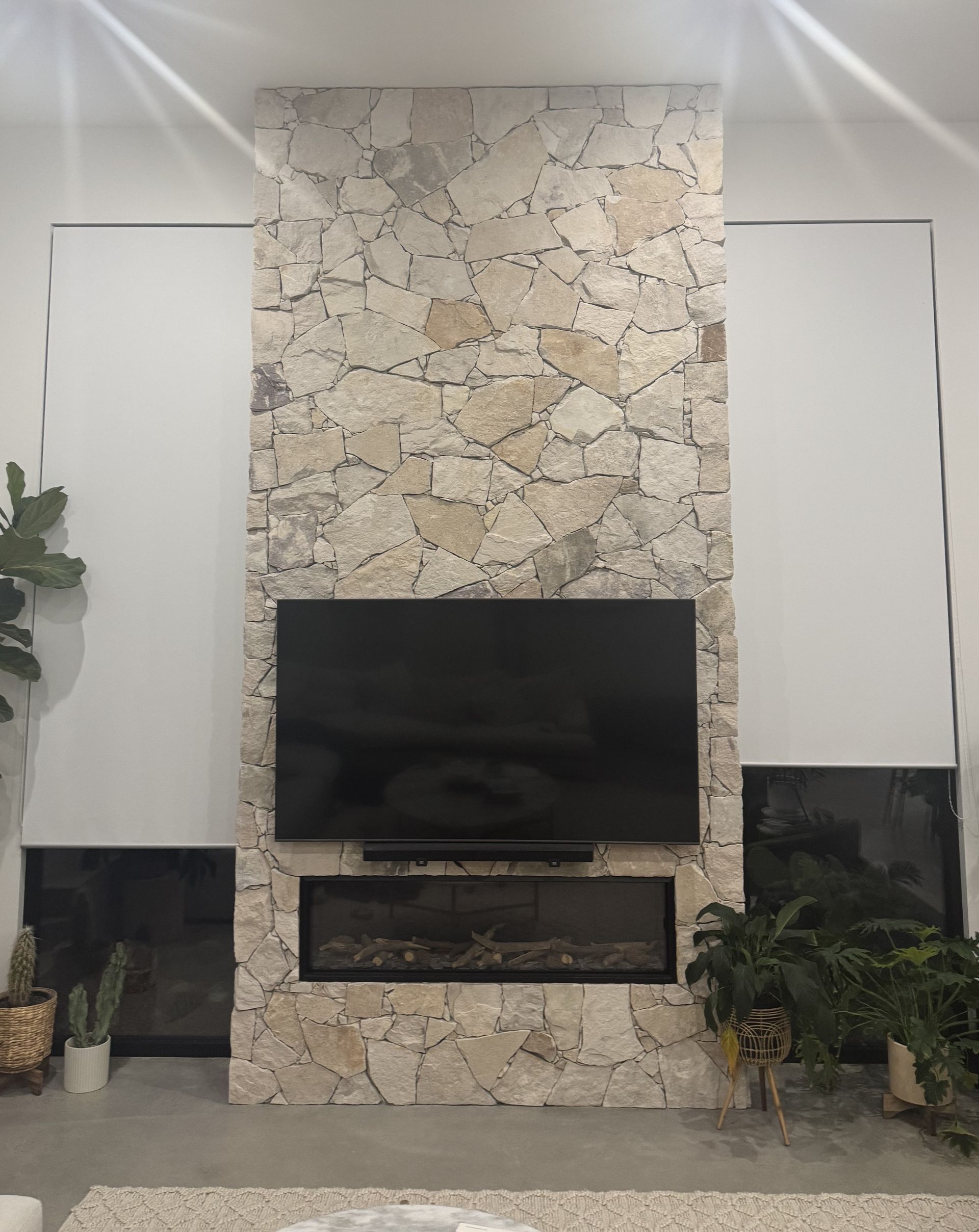 Modern living room with a stone fireplace wall, wall-mounted TV, and indoor plants