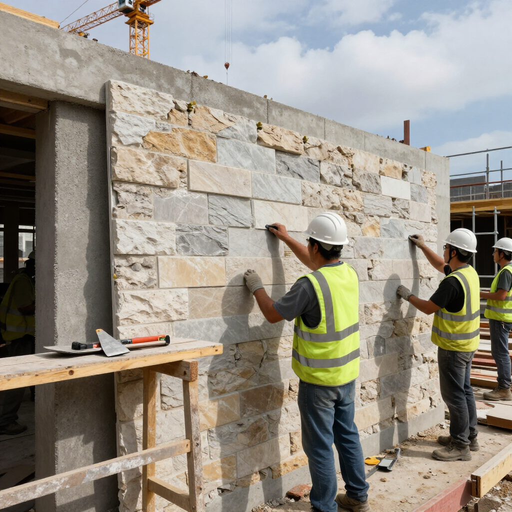 Two construction workers installing stone veneer on an exterior wall at a building site