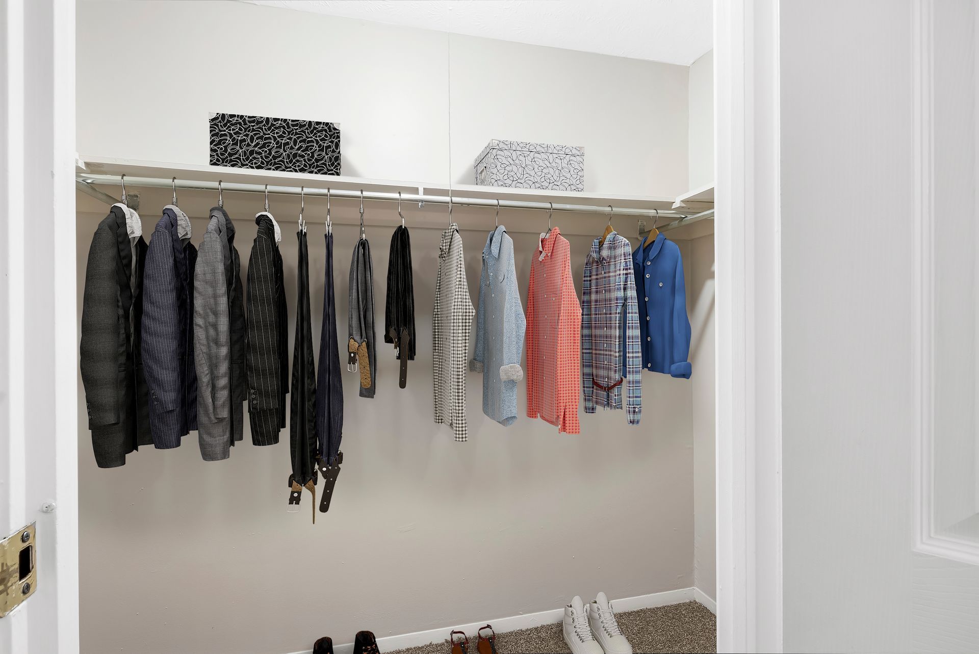 An artist 's impression of a walk in closet filled with clothes and shoes.