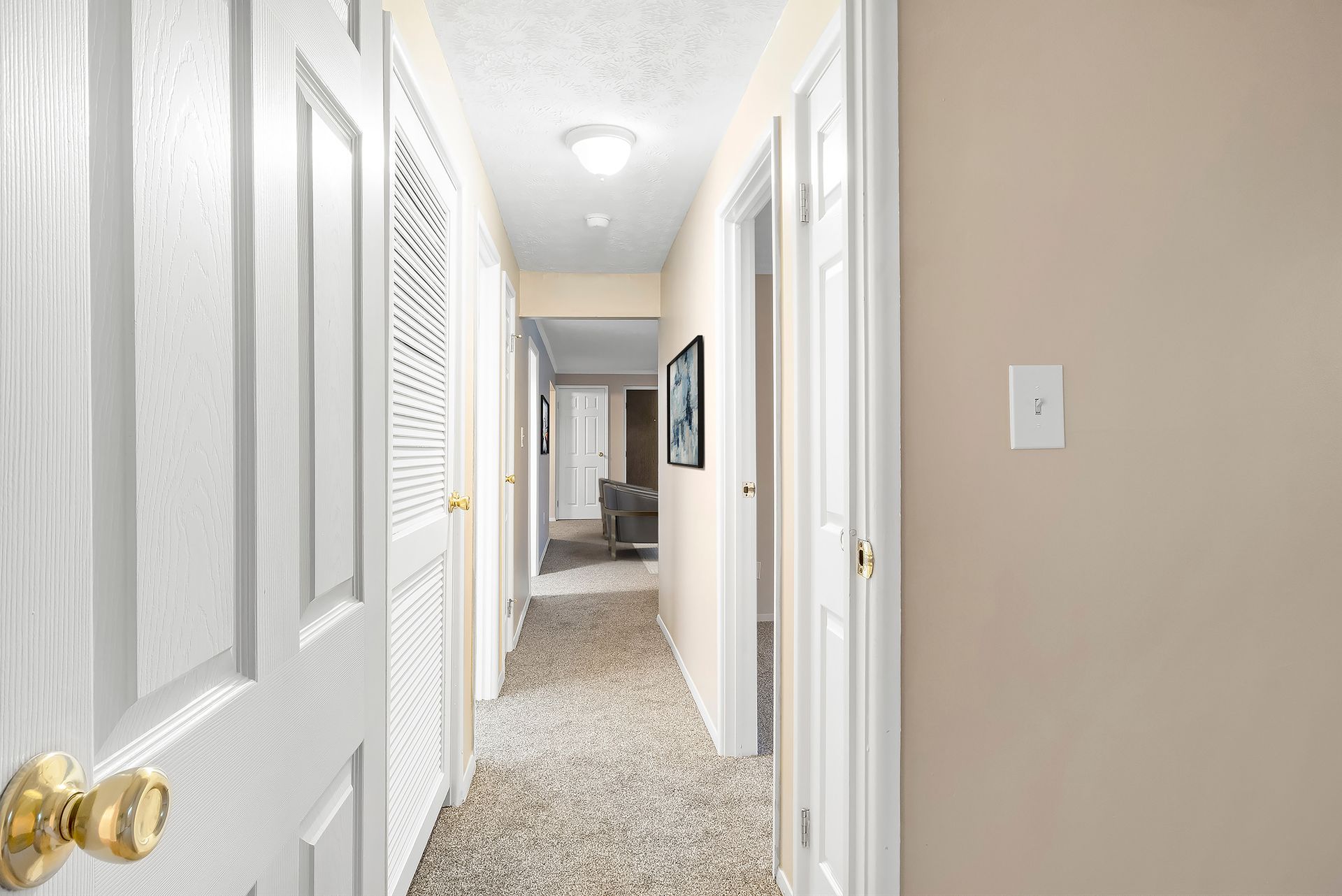 A hallway in a house with white doors and a carpeted floor.