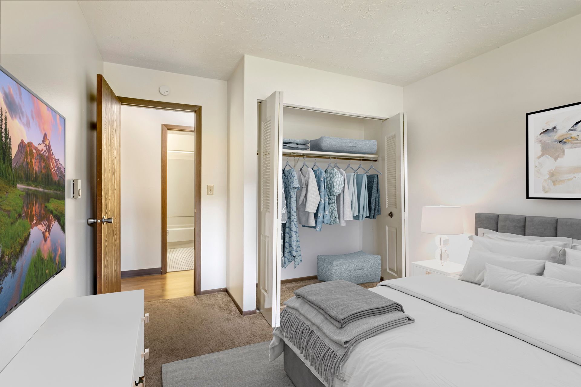 A bedroom with a bed , dresser , television and closet.