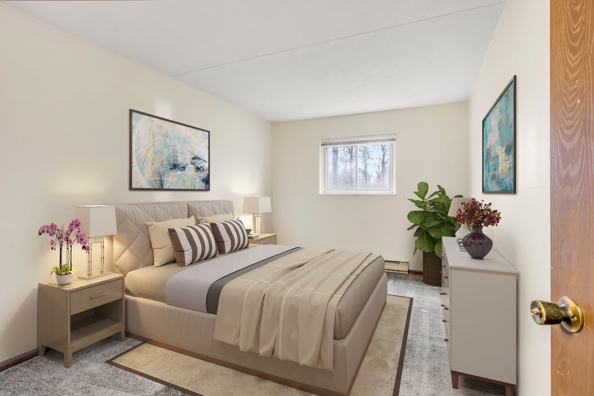 A bedroom with a bed , nightstand , dresser and window.